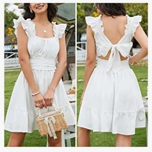 Women's Square Neck TieBack Ruffle Ruched Mini Dress Smocked Backless Tank